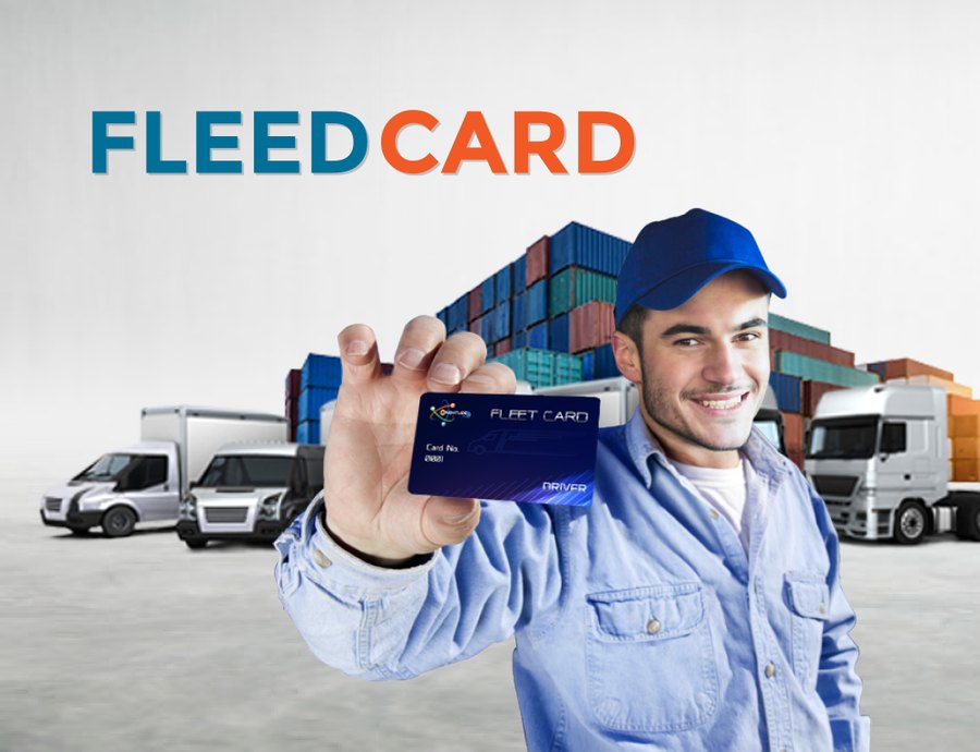 Fleet Card บัตรน้ำมันสำหรับกองรถขนส่ง พนักงานยืนแสดงบัตรหน้าลานคอนเทนเนอร์และรถบรรทุก